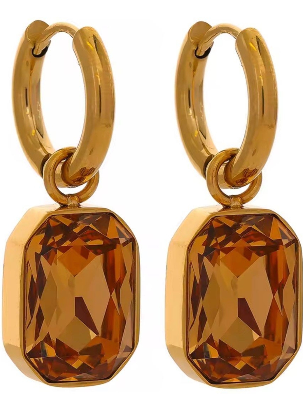 Gold Hoops with Amber Gem Drop - Picture 5 of 9